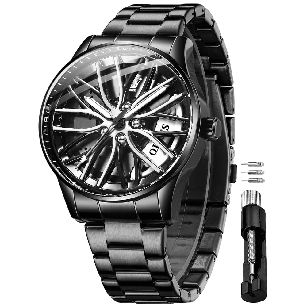 OLEVS - Mens Classic Big Dial Business Watch Green Dial Black/White/Blue Multifu