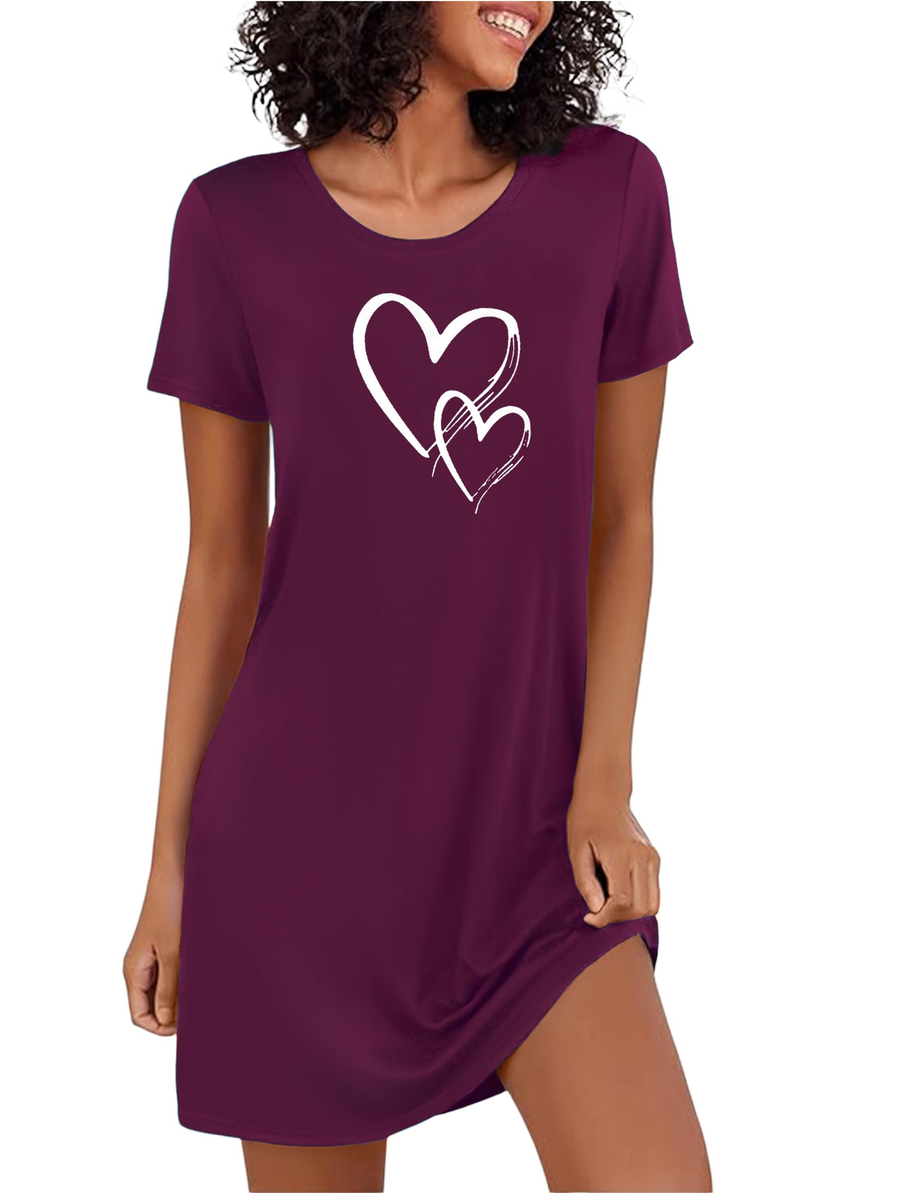 Marvmys Nightgowns Women Agodon Summer Short Sleeve Cute Print Heart Soft Elegan