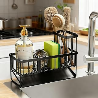 Kitchen Sink Sponge Holder, Stainless Steel Self Adhesive Sponge Holder with Brush Holder for Bathroom and Kitchen, Black