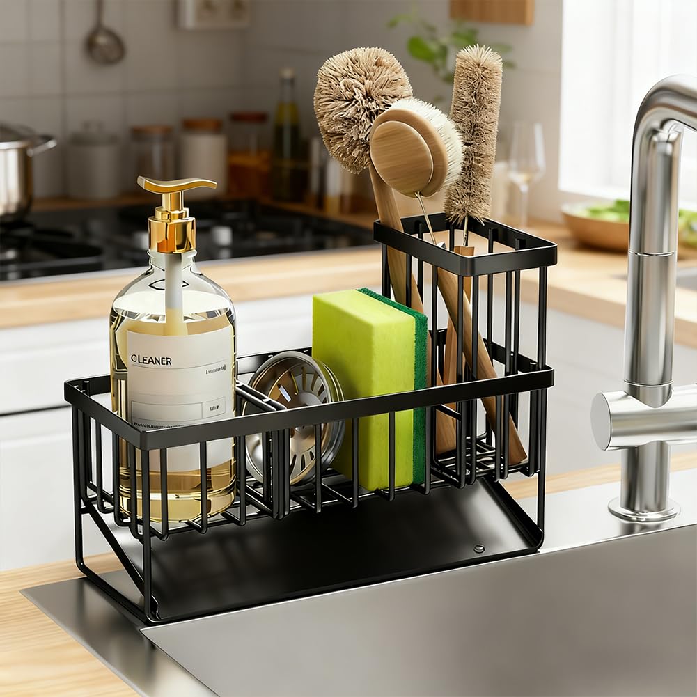 Kitchen Sink Sponge Holder, Stainless Steel Self Adhesive Sponge Holder with Bru