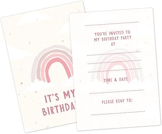 Manta Makes 12 x Pink rainbow birthday invitations for girls, party invites for girls birthday party, pink party invitations for kids (12 Invites Only - No envelopes)