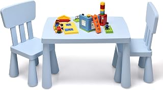 Costzon Kids Table and Chairs, 3 PCS Plastic Toddler Table Set (Blue) | Easy Clean Activity Desk Set for Reading, Drawing, Snack Time, Art Craft, Suitable for Preschool, Playroom, Indoor & Outdoor