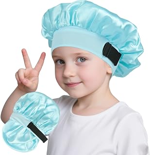 Kids Bonnets for Girls Silk Bonnet for Kids Double Layer Satin Bonnet Adjustable Toddler Sleep Cap（Light Blue）