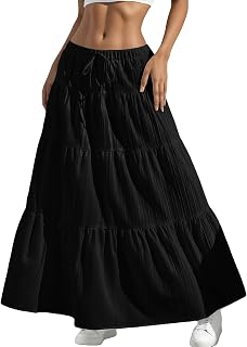 Women's White Maxi Skirt Summer Boho Long Flowy Pleated Tiered High Waist A-Line Flared Skirts