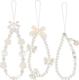 Ecally 3 Pcs Phone Charm Straps Camera Wrist Straps | Christmas Birthday Gifts, Pearl Beaded Phone Charm Straps with Bow Flower and Butterfly, Keychain Wallet Bracelet Accessories