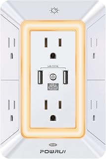 Multi Plug Wall Outlet Night Light, POWRUI 6 Outlet Extender & 3 USB Ports | 3-Sided Power Strip, Adapter Spaced Outlets, 1680J Surge Protector, Outlet Splitter, Wall Charger, ETL Listed, White