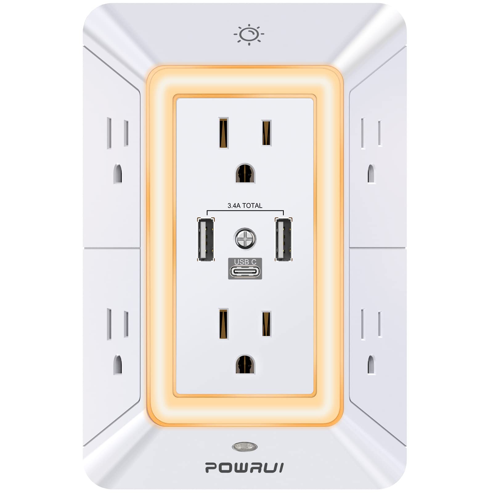 Multi Plug Wall Outlet Night Light, POWRUI 6 Outlet Extender & 3 USB Ports | 3-S