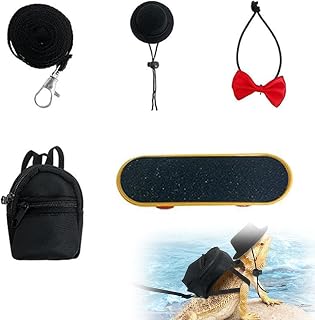 QOOWFEANIG 5 Pack Bearded Dragon Harness Set with Adjustable Backpack Hat Bow Tie & Mini Skateboard Toy Reptile Adventure Kit for Outdoor Adventures Lizard Reptile Care