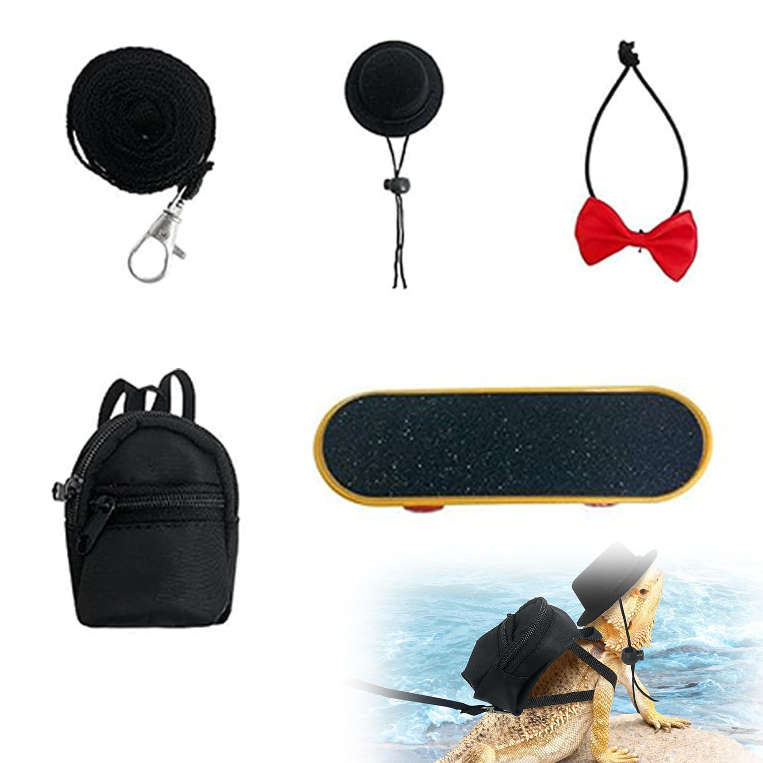 QOOWFEANIG 5 Pack Bearded Dragon Harness Set with Adjustable Backpack Hat Bow Ti
