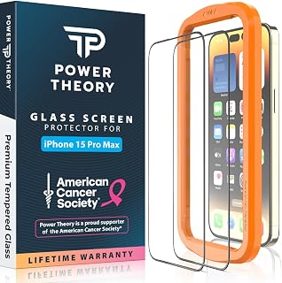 Power Theory compatible with iPhone 15 Pro Max Screen Protector Tempered Glass, [Benefits American Cancer Society], 9H Hardness, Easy Install Kit, 99% HD Bubble Free Clear, Case Friendly, 2 Pack