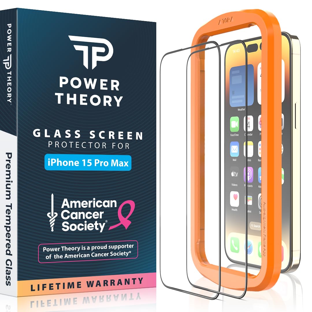 Power Theory compatible with iPhone 15 Pro Max Screen Protector Tempered Glass, 