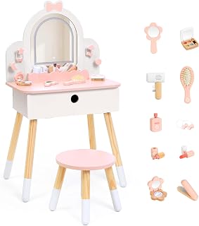 OOOK Toddler Vanity for 3 Year Old with Light & 11-Piece Makeup Accessories | Pink Princess Vanity with Hanging Hooks, Stool and Drawer, Pretend Makeup Play Set for Girls Aged 3+