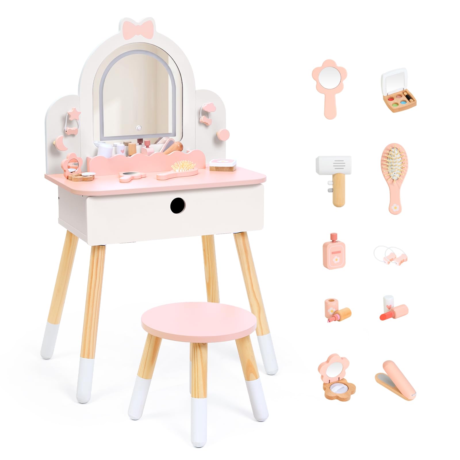 OOOK Toddler Vanity for 3 Year Old with Light & 11-Piece Makeup Accessories | Pi