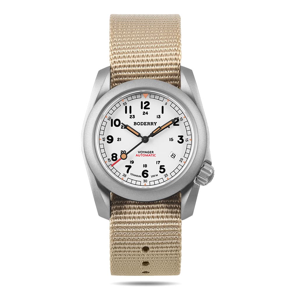 BODERRY Men's Watch Titanium Automatic Field Watch 40mm Military Watch Day Date 