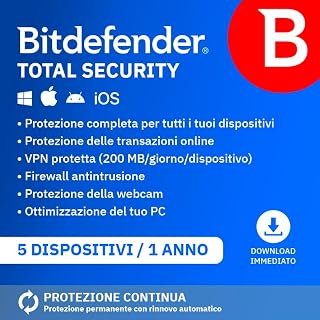 Bitdefender Total Security 2026| 5 Dispositivi | 1 Anno | PC/Mac/iOS/Android | Codice di attivazione via email | Rinnovo automatico