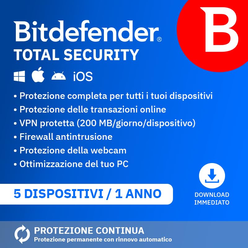 Bitdefender Total Security 2026| 5 Dispositivi | 1 Anno | PC/Mac/iOS/Android | C