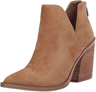 FISACE Womens Pointed Toe Stacked Mid Heel Ankle Boots V Cut Back Zipper Faux Leather Booties