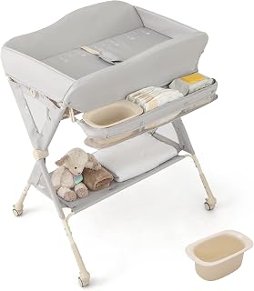 BABY JOY Portable Baby Changing Table, Foldable Diaper Changing Station w/Wheels, Adjustable Height, Large Storage Rack, Water Basin, Safety Belt, Mobile Nursery Organizer for Newborn Infant (Gray)
