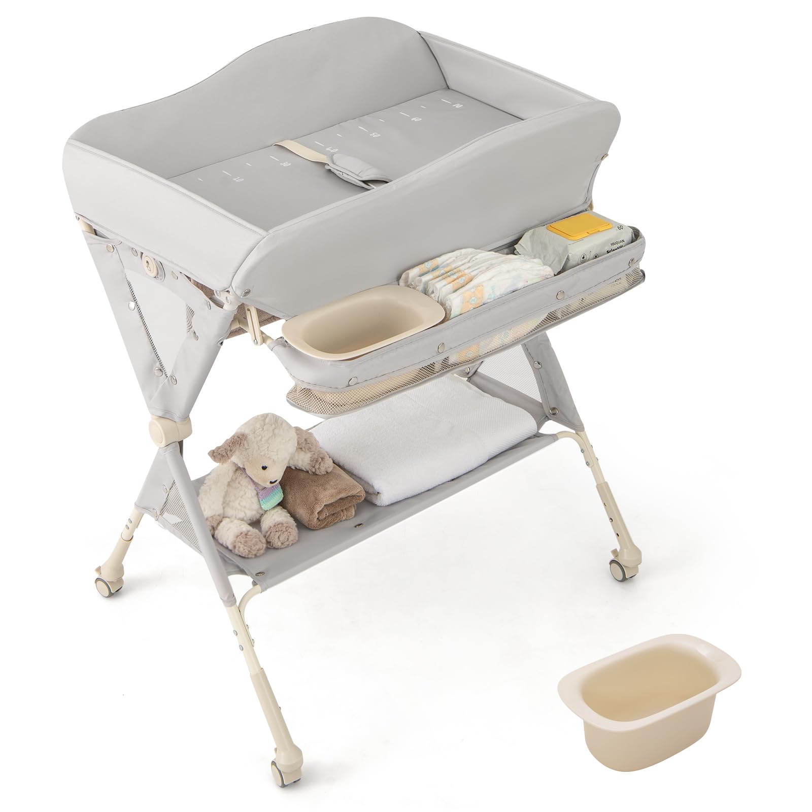 BABY JOY Portable Baby Changing Table, Foldable Diaper Changing Station w/Wheels