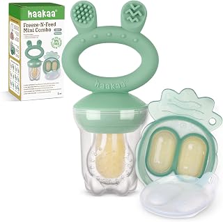 Haakaa Baby Fruit Food Feeder &amp; Mini Freezer Nibble Tray Combo, Breastmilk Popsicle Molds for Cooling Relief, BPA Free Silicone Feeder for Safe Infant Self Feeding, 4 Month+ (Pea Green)