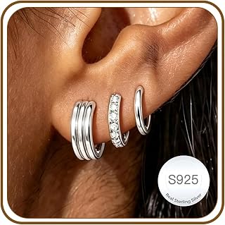 Lunvky 3 Pairs Sterling Silver Hoop Earrings for Girls Women Hypoallergenic 14K Gold Plated Small Huggie Hoops Chunky Earring Sets for Multiple Piercings Sleeper Jewellery Birthday Gifts