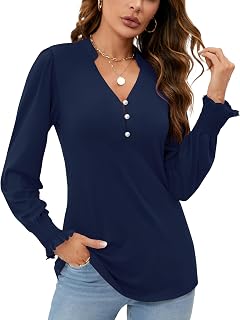 Rapbin Women V Neck Blouses Long Sleeve Button Down Long Sleeve Blouses Autumn Tops 2025 Ruffle Cuffs Elegant Casual T Shirts