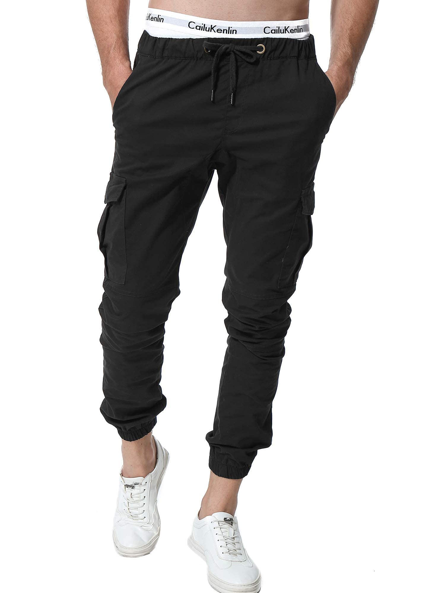Zoerea Men's Long Trousers with Drawstring Side Pockets Male Cargo Pants Casual 