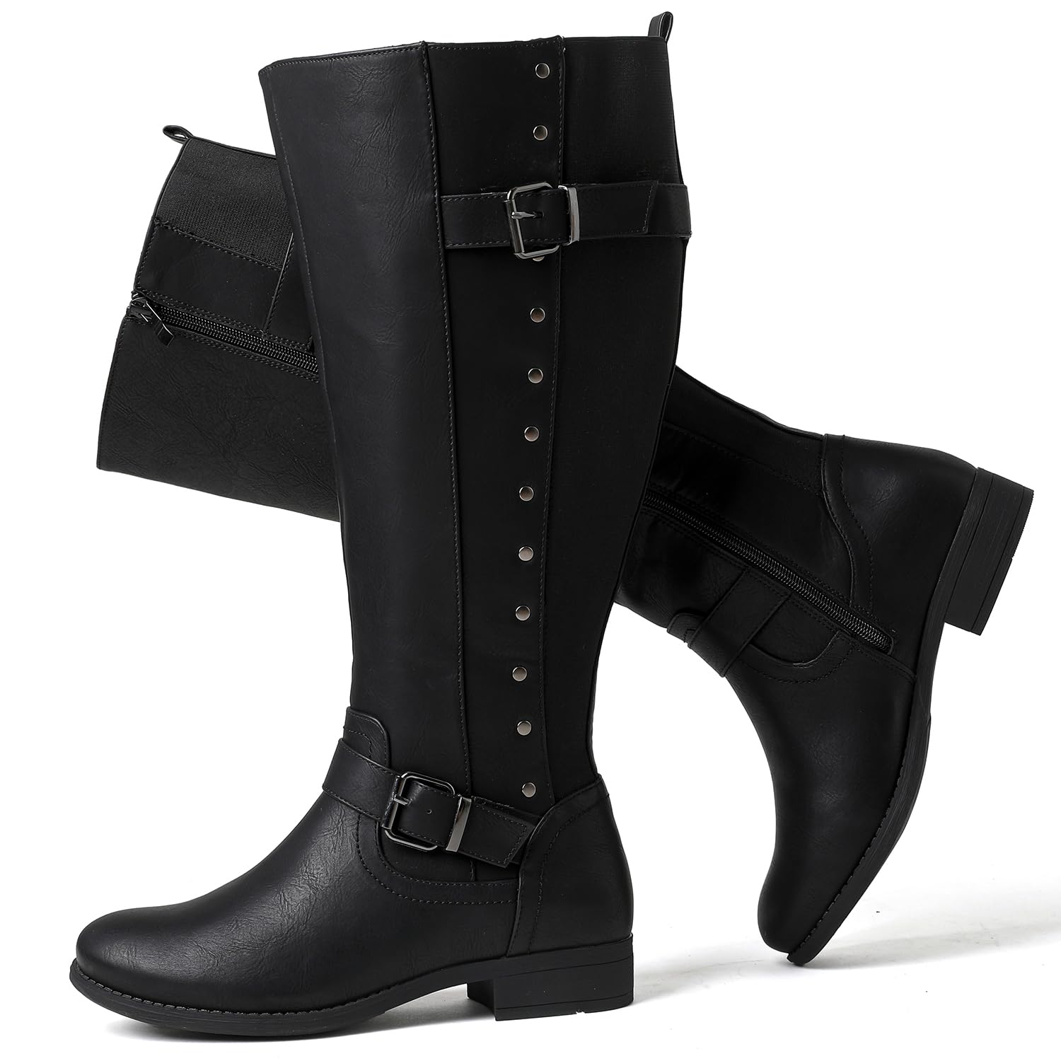 Luoika Women's Extra Wide Calf Knee High Boots Wide Round Toe Blocked Heel Winte