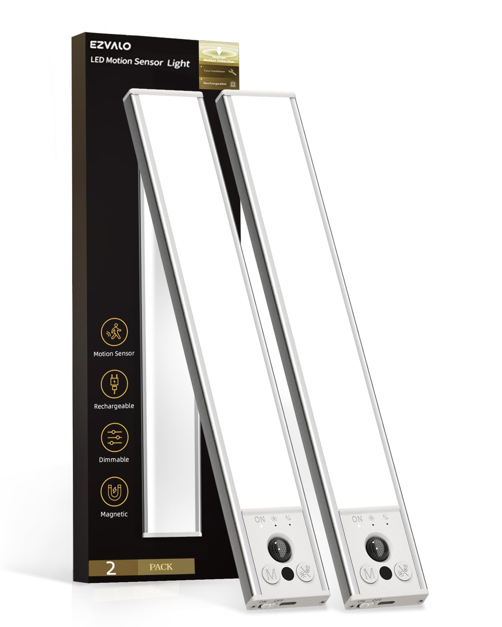EZVALO 10inch Under Cabinet Lighting, 2 Pack 2400mAh Rechargeable Wireless Motio