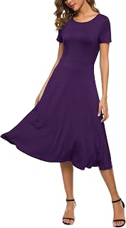 EXCHIC Women's Short Sleeve Solid Color Round Neck Elastic A-Line Dress Casual Elegant Round Neck Midi Dress