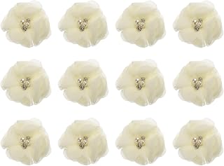 Artificial Rhinestone Chiffon Flower Heads, Beige Fake Flowers 2 Inches for DIY Crafts, Wedding, Party Decoration, Pack of 12