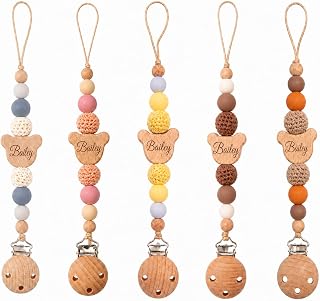 Personalized Pacifier Clip with Name, Custom Silicone Binky Holder for Baby | Engraved Beech Wood Bear Binky Clips for Boys and Girls, Universal Pacifier Leash with a Secure Clasp, Baby Pacifier Holder