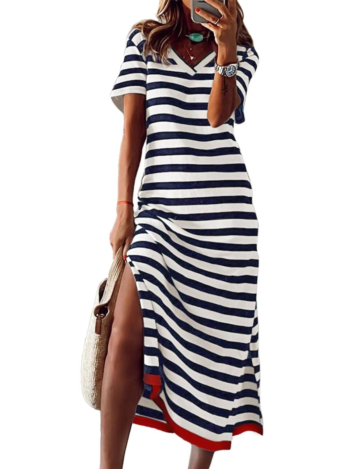 Wkior Shift Dress for Women V Neck Short Sleeve Solid Color Casual Summer Dresse
