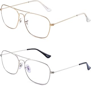 JM 2 Pack Square Reading Glasses, Blue Light Block Computer Reader with Metal Frame for Women Men