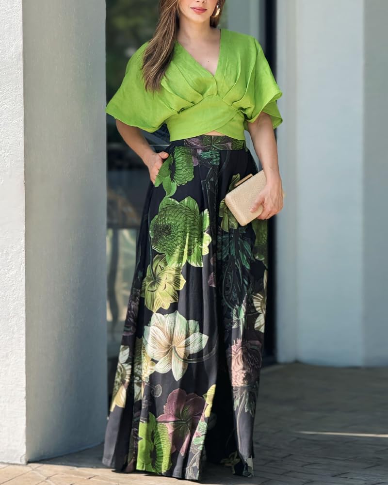 Holiday Set for Women Tropical Print 2 Piece Crop Top Wrap V Neck Wide Leg Pants