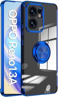 OPPO CPH2699 Case for Reno13A Bumper Transparent TPU Shockproof Blue Plated Ring with Strap Hole Stand Function for Car Holder Anti-Slip Fall Protection (Blue)