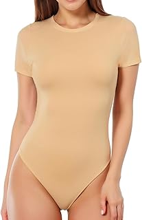 MANGOPOP Women's Round Neck Short Sleeve Bodysuit T Shirts Basic Tops