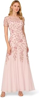 Adrianna Papell Women's Short-Sleeve Floral Beaded Godet Gown Dress
