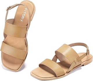FITORY Women's Flat Sandals Square Open Toe Slides Adjustable Buckle