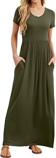 GRECERELLE Women's Casual Summer Short Sleeve Maxi Dress with Pocket for Everyday Holiday Travel Maternity, army green, L