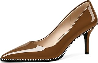 Women's Mid Stiletto Heels Low Kitten Heels Closed Pointey Toe Pumps Slip-on Sliver Beads Pumps Ladies Work Office Dress Shoes 2.5 Inches