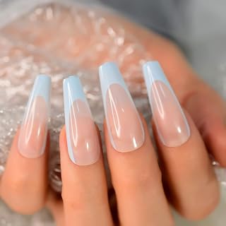 Extra Long Coffin Pressed Nail Design, Fake Nail Art Tips for Women, Blue French Reusable Acrylic Nail Salon Look, Set of 24 with Tools for Easy Application Daily or Party