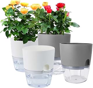 4 Pcs Self Watering Planters, Plastic Plant Pot for Indoor Plants with Transparent and Visible Drainage Hole, Suitable for Indoor and Outdoor Gardens, White and Grey