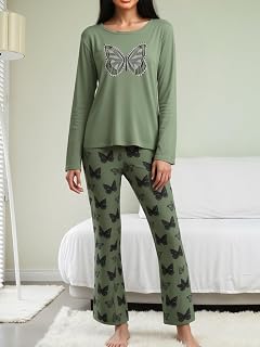 Set pigiama da donna, maglia a maniche lunghe e pantaloni a gamba larga, con stampa carina, abbigliamento da notte per casa e all'aperto