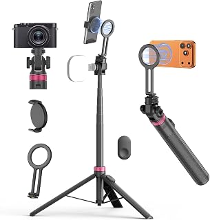 69" Magnetic Phone Tripod Stand Selfie Stick with Remote & Phone Mount | Portable Stand Holder with Rechargeable Remote，360° Rotatable Travel Tripod Head Compatible for iPhone/Android/Magsafe