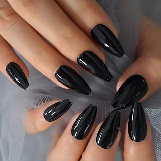 Medium Lenght Coffin Press on Nails Glossy Solid Black Fake Nails Full Cover False Nails Kit 24pcs/set