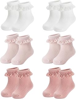 HDFHDF 6 Pairs Socks Kids Baby Girls Anti Slip Floor Spring and Autumn Cotton Learning to Walk Unsteadily Lace