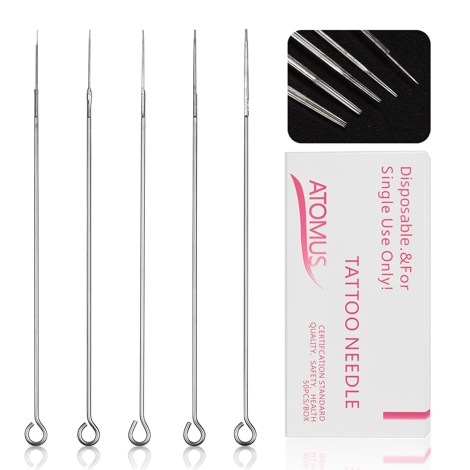 ATOMUS 50pcs Mixed Tattoo Needles 1RL 3RL 5RL 7RL 9RL Disposable Assorted Steril