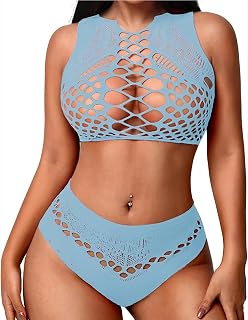 Women Sexy Mesh Lingerie Set Two Piece Sleeveless Crop Top and Panties Set Club Rave Swimwear