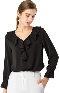 Allegra K Women Elegant Ruffle V Neck Sleeve Blouse for Business Work